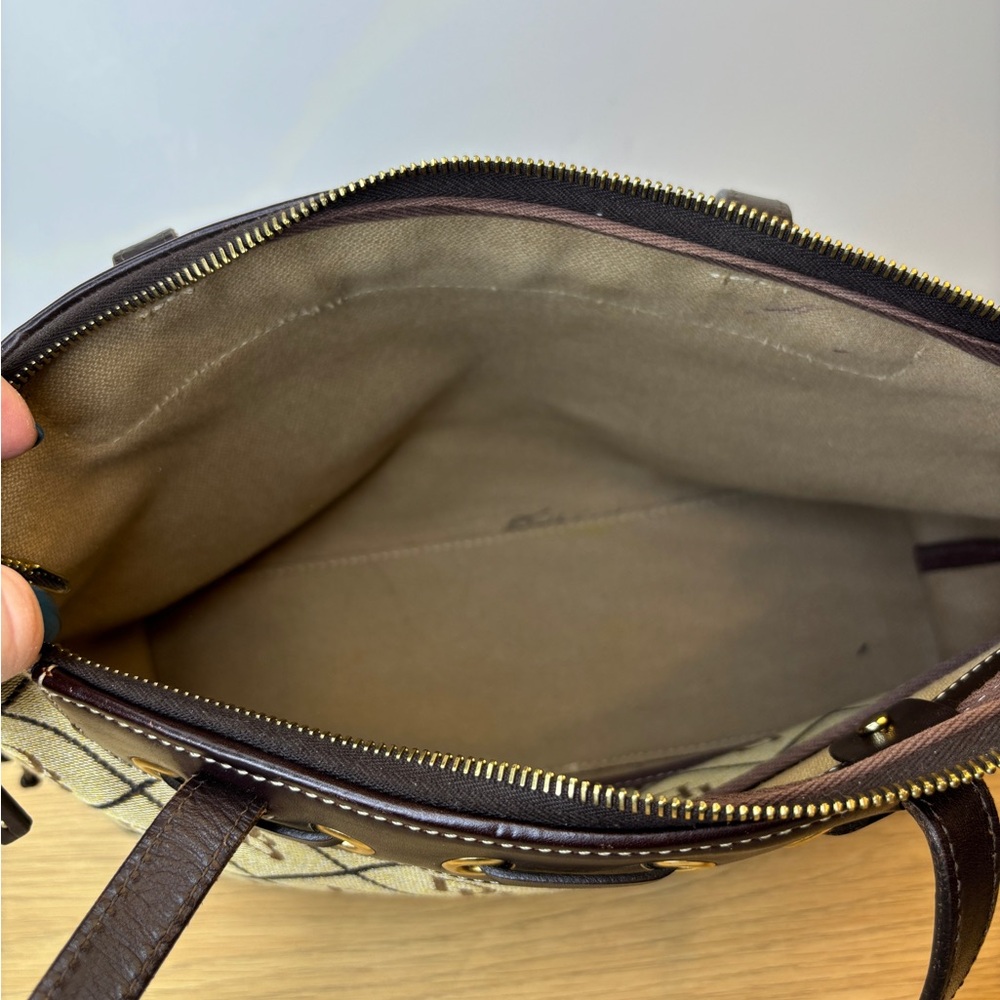 Dooney & Bourke Monogram Canvas Shoulder Bag Brown Leather Trim Tassel Beige - Picture 13 of 16